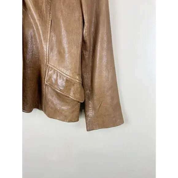 Leather Blazer Jacket with Mao Collar, Front Pockets – Brown Approx. Size M - Picture 4 of 15